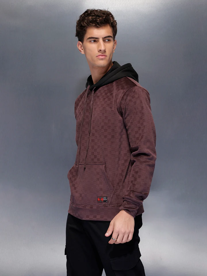 Velvet-finish Check-texture hoodie | Wine - Image 2