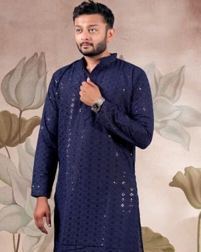 LATEST CHIKAN Men's Cotton Regular Textured Long Kurta Full Sleeves - Casual Ethnic Wear