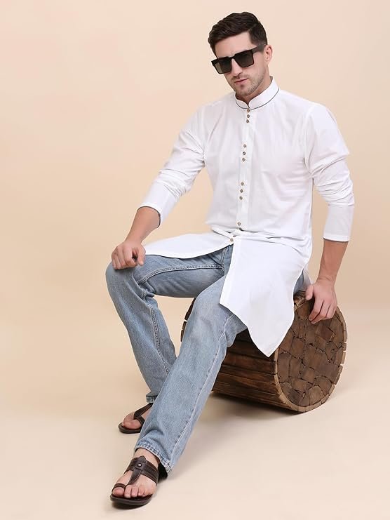 QISHTAR Men's Cotton Knee Length Straight Kurta - Image 2