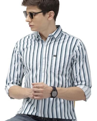 Men's Cotton Slim Fit Multi Striped Full Sleeves Cutaway Collar Casual Shirt