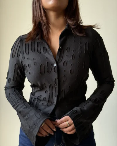 Distressed Fitted Flare Sleeve Shirt