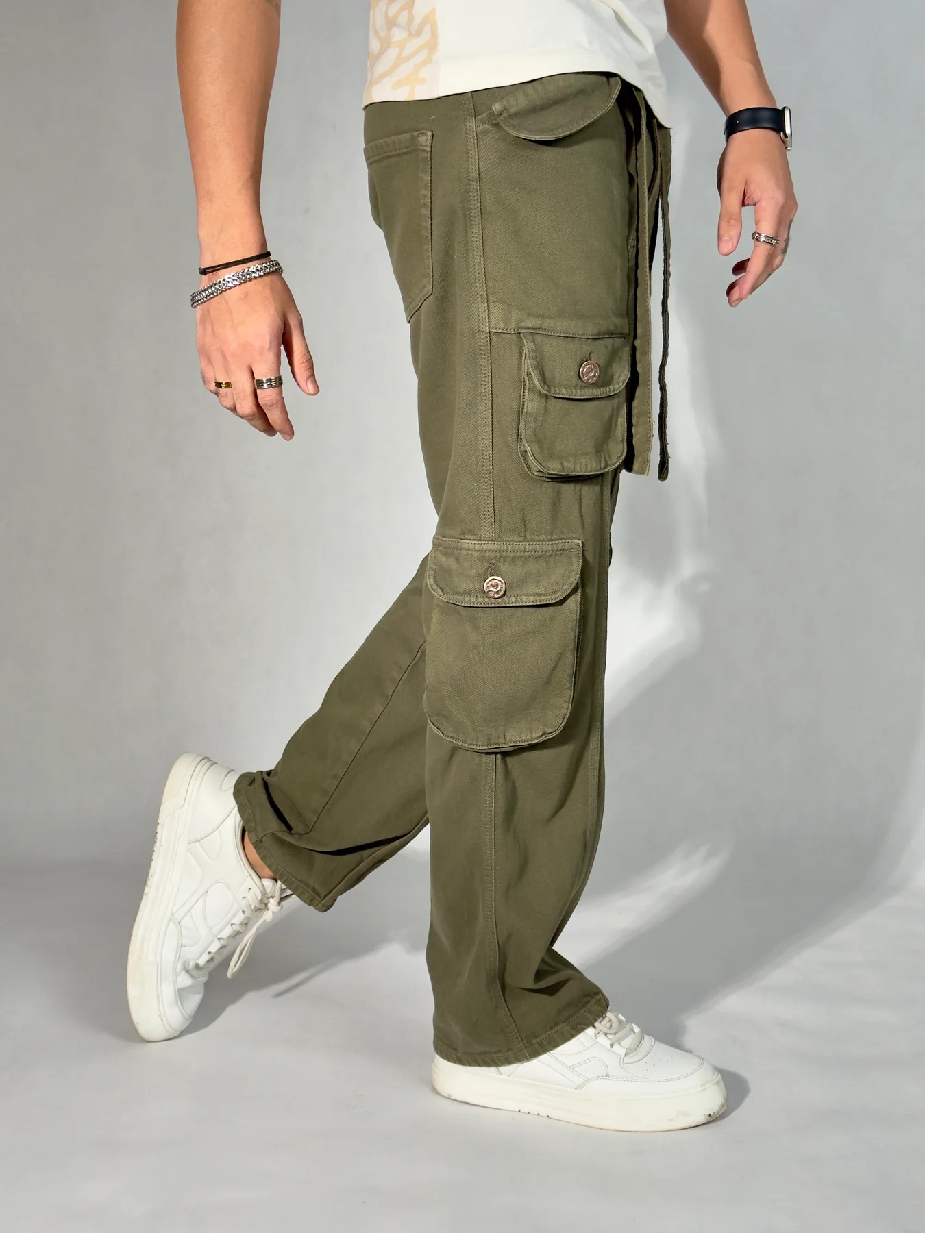 Olive Green Casual Cargo Baggy Jeans - Image 3