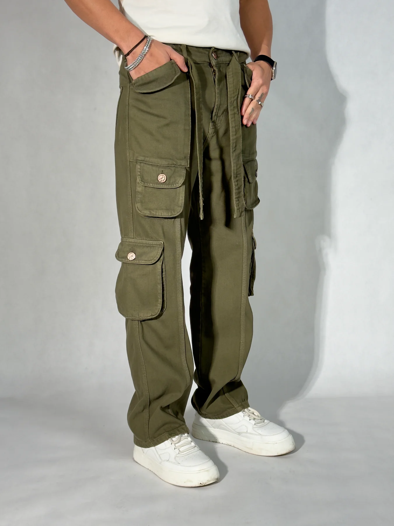 Olive Green Casual Cargo Baggy Jeans - Image 2